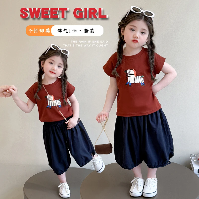 女童休闲套装洋气韩版儿童卡通短袖小女孩夏季灯笼裤子两件套时髦