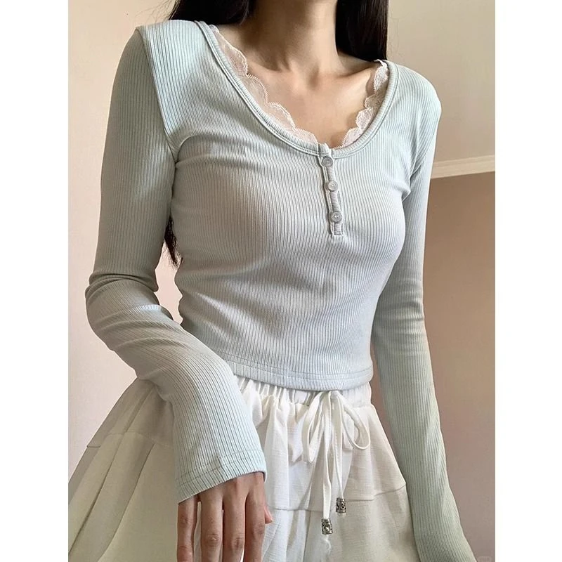 假两件花边蕾丝打底衫2025早秋新款气质洋气小众修身显瘦长袖t恤