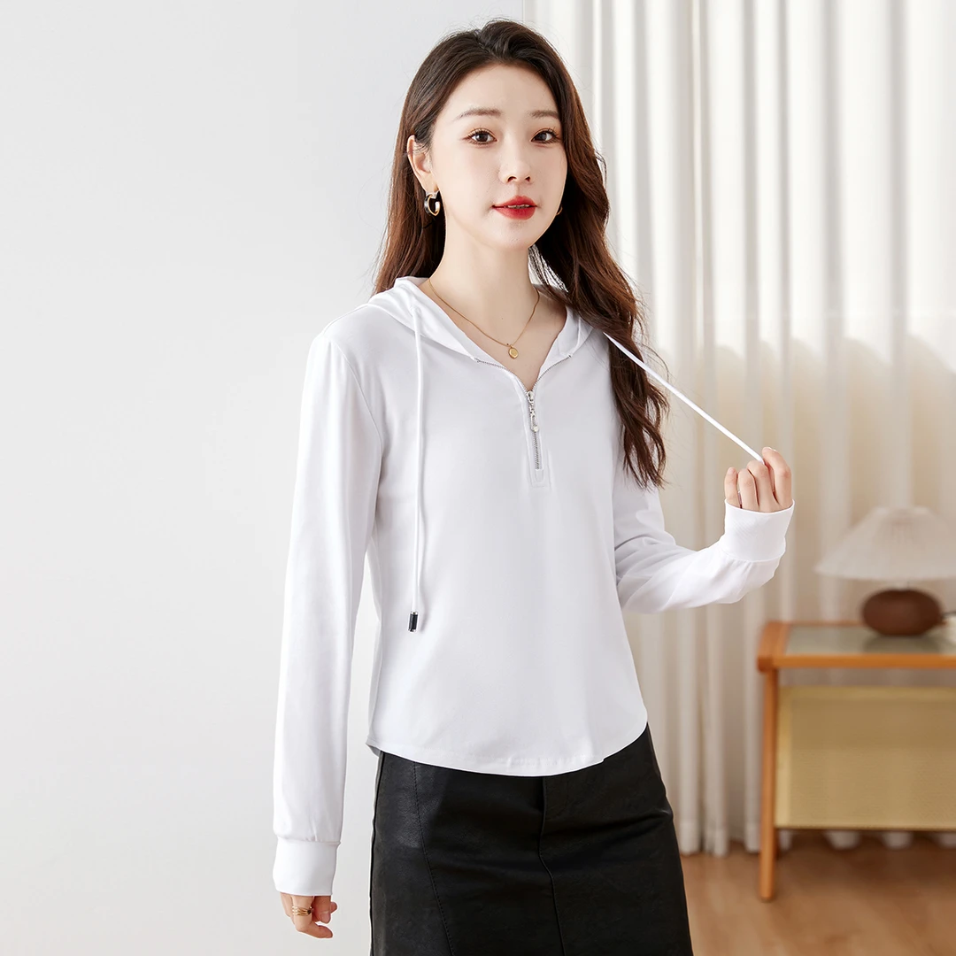 纯色半拉链V领连帽长袖T恤弧形下摆修身型显瘦慵懒风正肩女装上衣