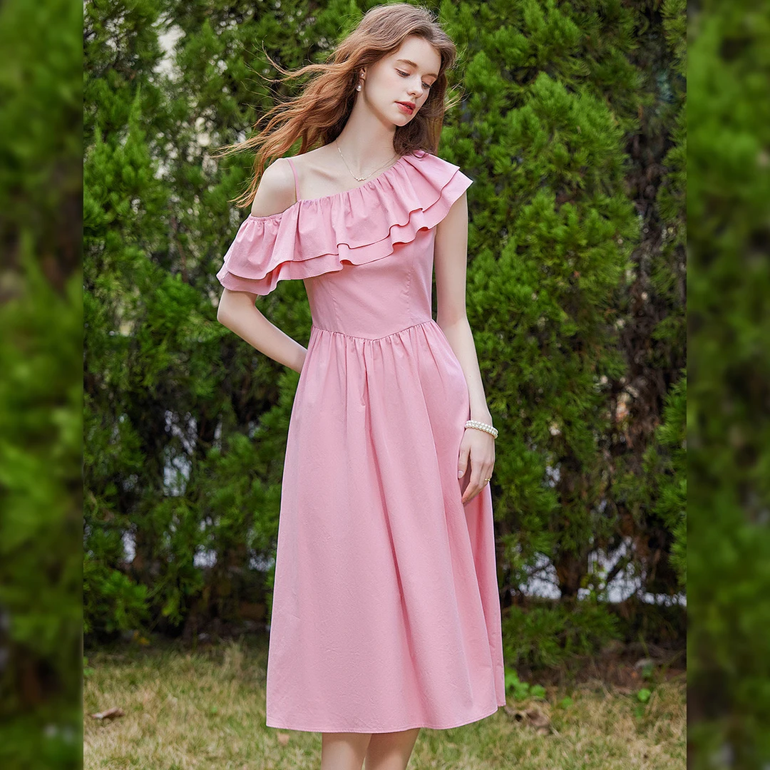 白鹿语【双层荷叶边吊带】25夏新款时尚长款造型感女连衣裙WYU20115