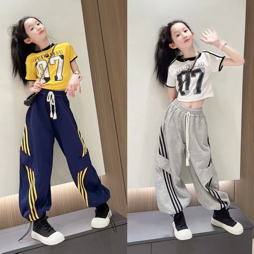 美式复古甜辣妹字母印花正肩短袖T恤女夏季修身短款弯刀裤套装