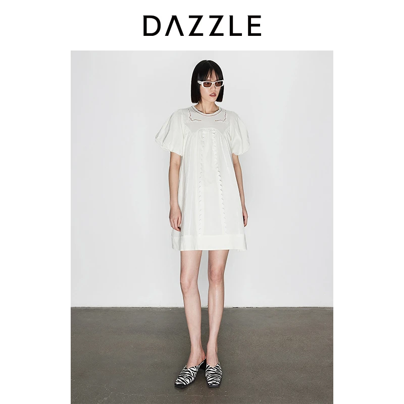 DAZZLE地素 连衣裙夏季女装镂空泡泡袖短裙2I2O403