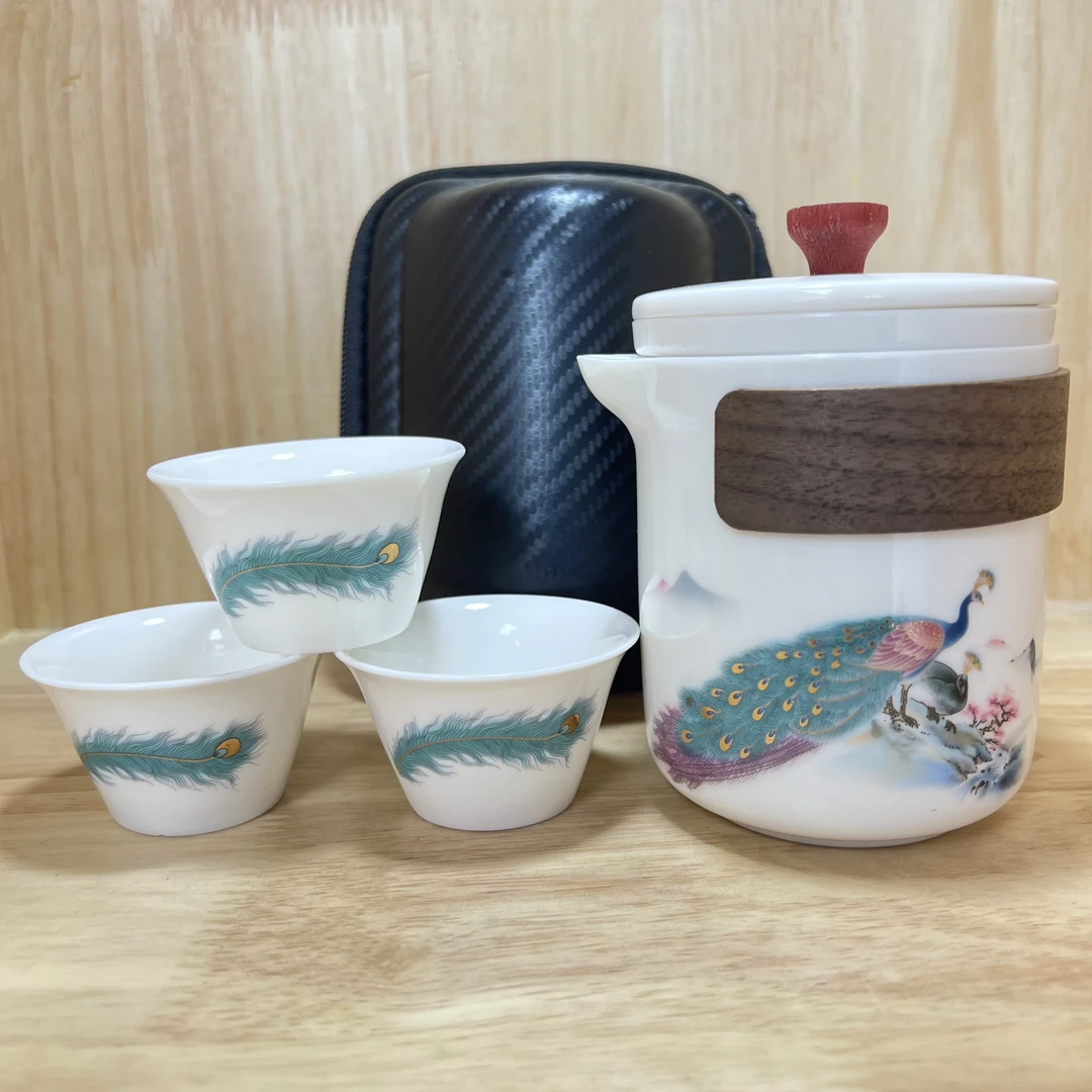 白瓷 孔雀  旅行茶具 套装  C0604