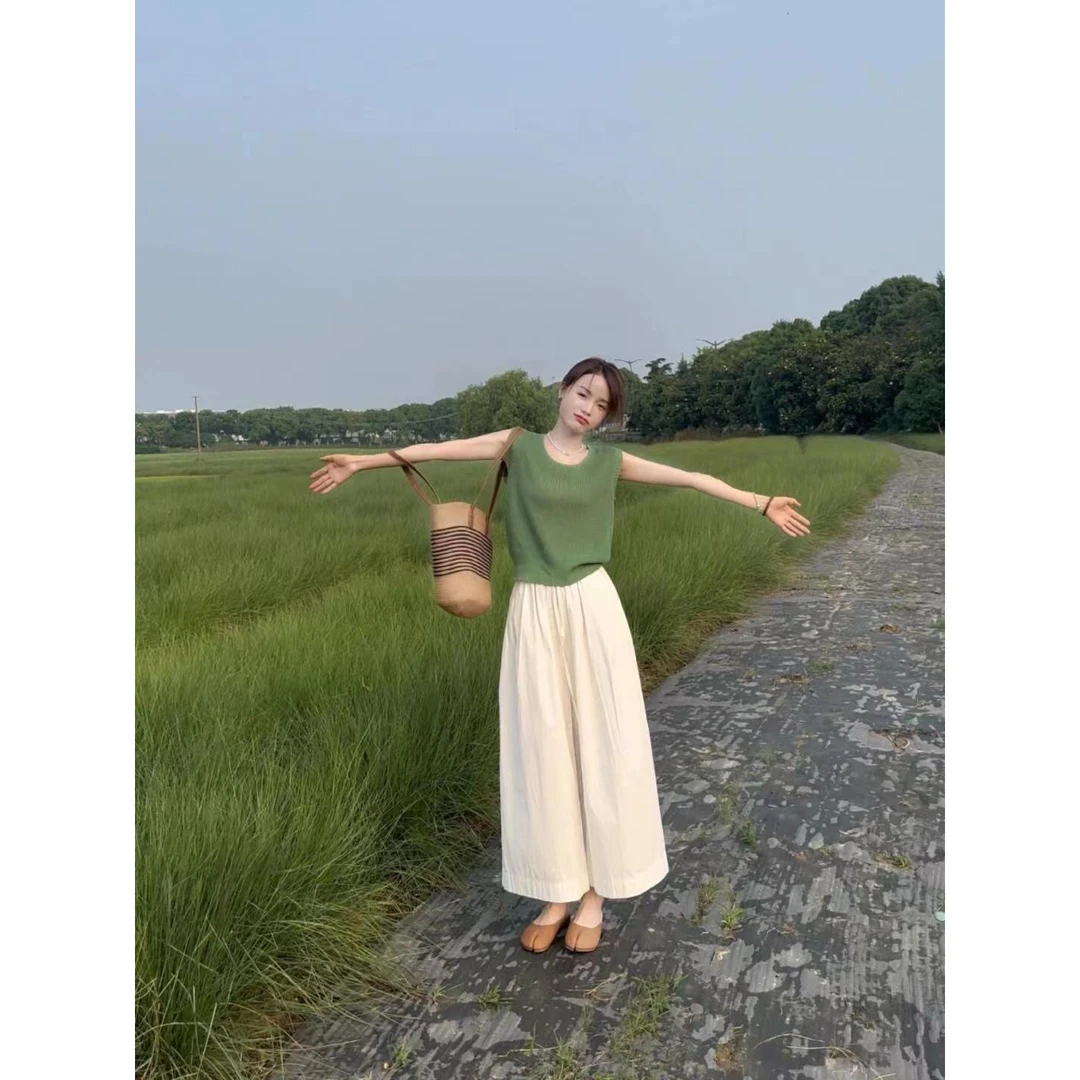 休闲穿搭2025新款夏季休闲简约短袖上衣搭配休闲阔腿裤子显瘦百搭