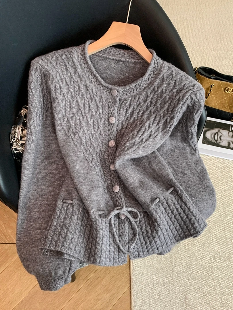 小香风软糯麻花毛衣女2025冬季新款抽绳束腰针织开衫遮肉显瘦外套