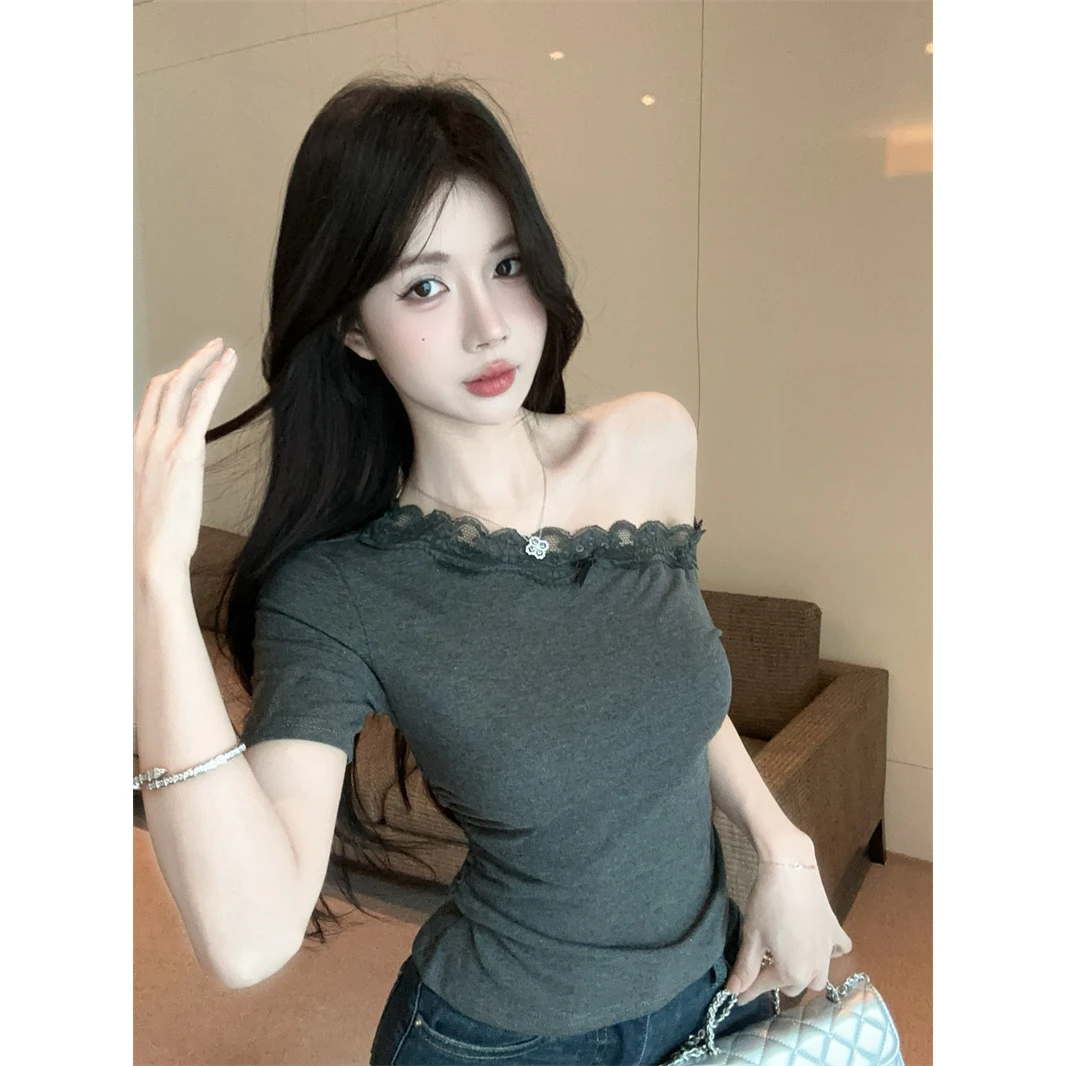 纯欲气质修身显瘦蕾丝花边短袖T恤女斜领露单肩褶皱收腰短款上衣