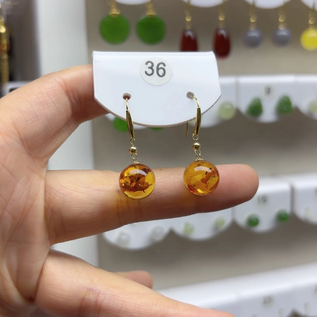 琥珀（花珀）18K金镶嵌耳饰