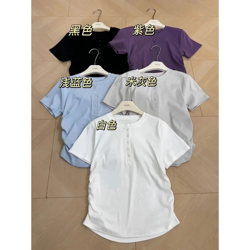 2024夏季新款韩版简约修身百搭圆领纽扣设计感褶皱收腰短袖T恤女