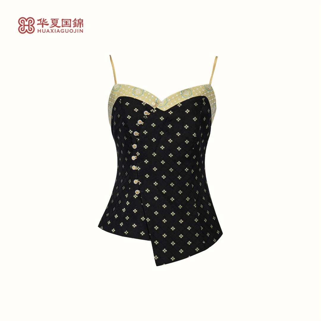 【凌光】黑地柿蒂菱格纹蜀锦吊带【四川工美蜀锦】