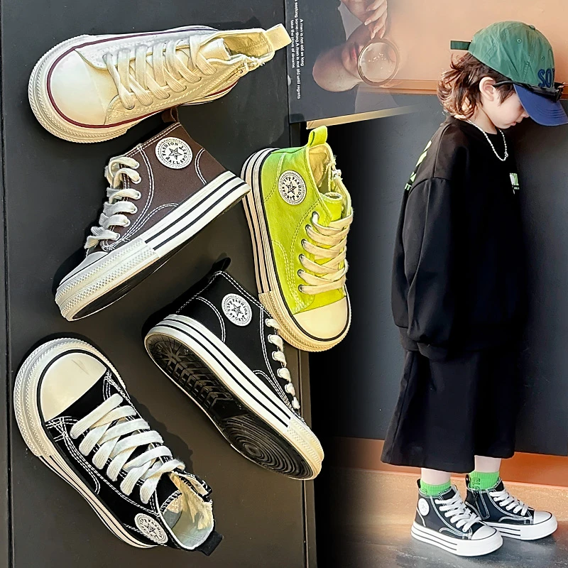儿童高帮帆布鞋2025春季新款荧光绿男女童休闲鞋中大童板鞋-S1515