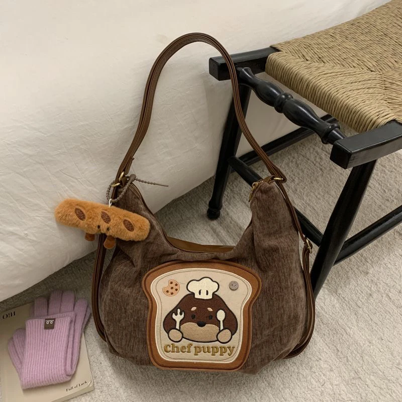 可爱厨师小狗风毛绒大容量单肩托特包秋冬时尚百搭通勤