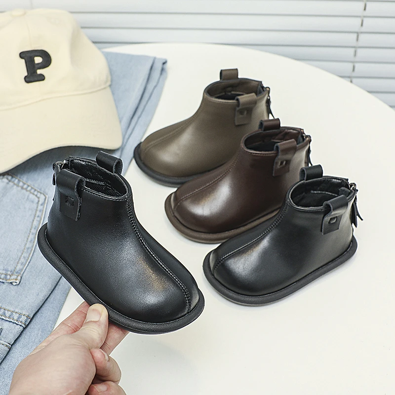 男童潮流时装皮靴纯色简约女童舒适软底短靴儿童百搭后拉链靴