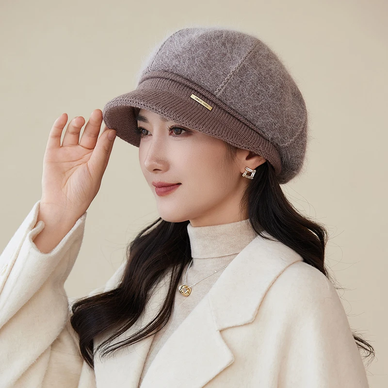 兔毛针织帽女冬季保暖短檐鸭舌帽时尚简约妈妈帽百搭护耳防寒帽
