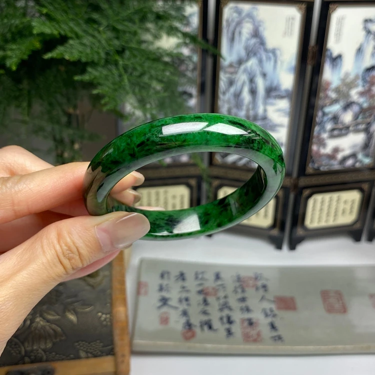 54.8老坑种满绿复古正圈手镯 天然翡翠A货手镯