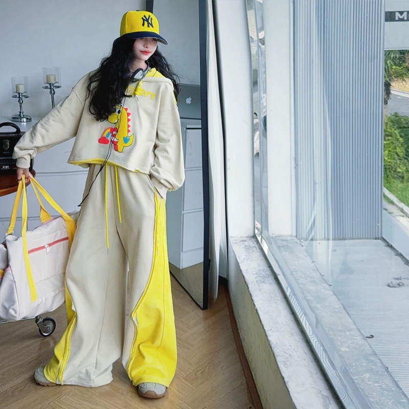 女童休闲洋气春秋季新款2025女孩韩版宽松印花连帽卫衣阔腿裤套装