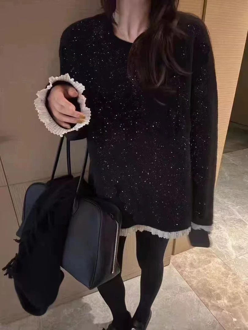 小雅姐姐 【满天星】韩系闪银拼接蕾丝钉珠设计感加厚圆领卫衣IJ70
