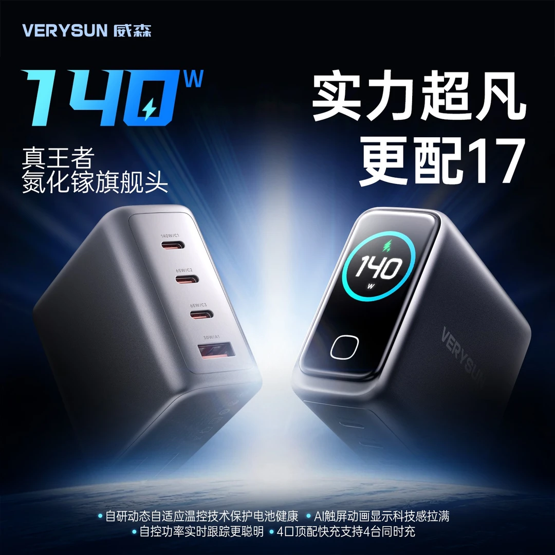 【iphone17首选】VERYSUN威森AI屏显140W氮化镓充电器快速充电插头
