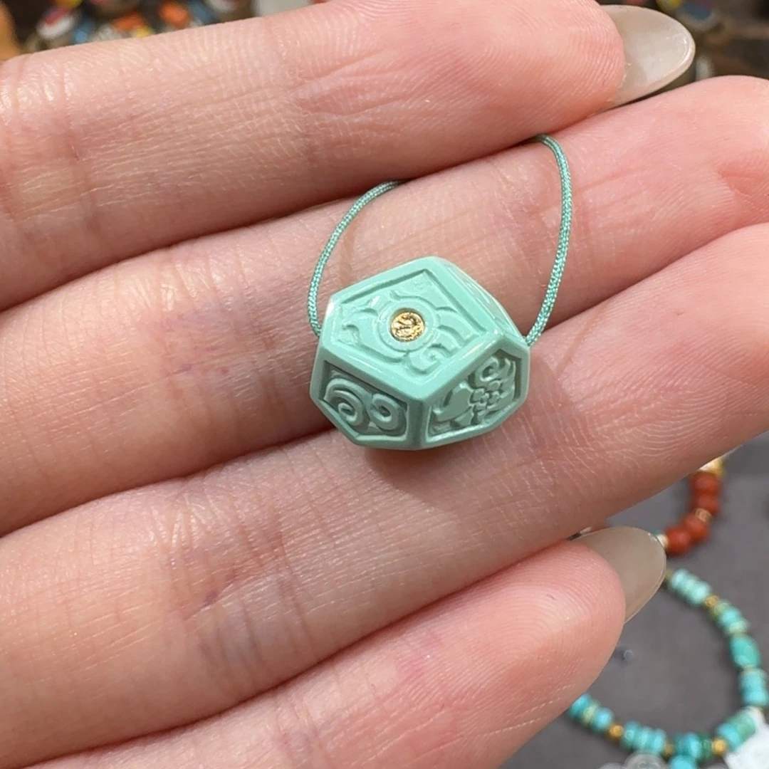 绿松石未镶嵌珠宝半成品唐草纹珠子