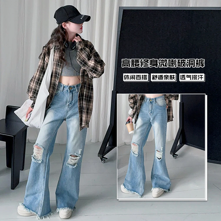 [麦哆哆」女童中大童春季韩版百搭格子衬衣破洞微喇牛仔裤套装潮