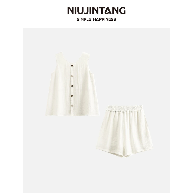【NJT】2025年夏季新款含亚麻手工扣上衣短裤套装HQSS858