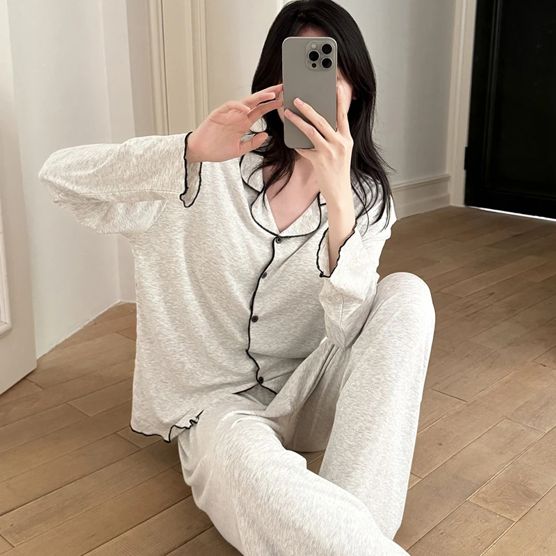 睡衣女款春秋季长袖长裤宽松甜美秋冬带胸垫一体式米灰家居服套装