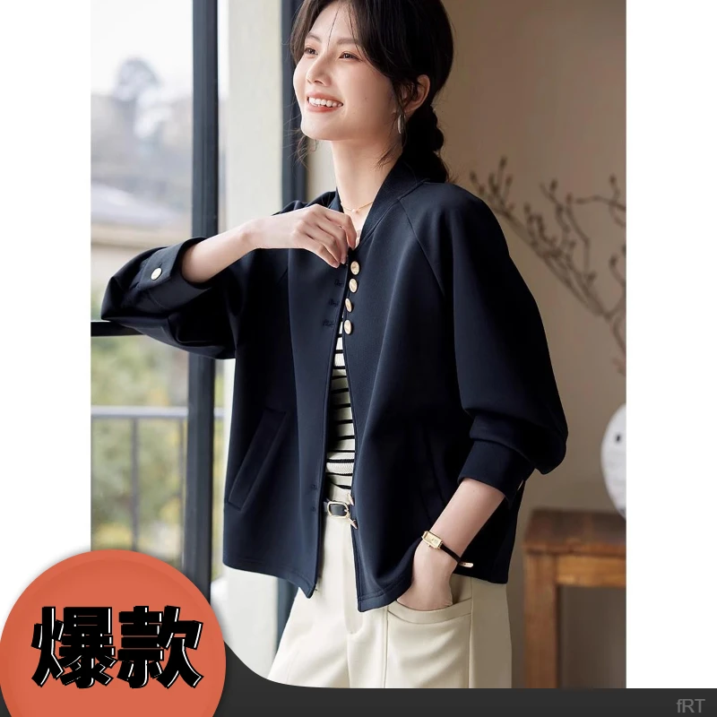 插肩袖棒球服外套女短款春秋季新款宽松休闲简约气质百搭夹克上衣