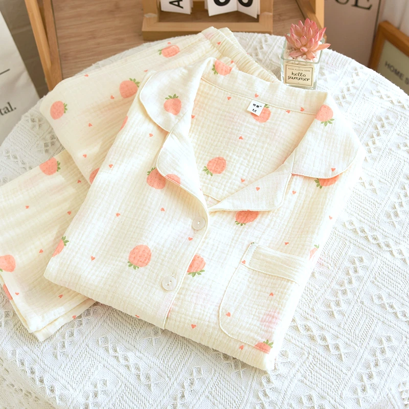 苛爱【莓有烦恼】棉纱睡衣女纯棉春夏季长袖薄款双层全棉家居服套装