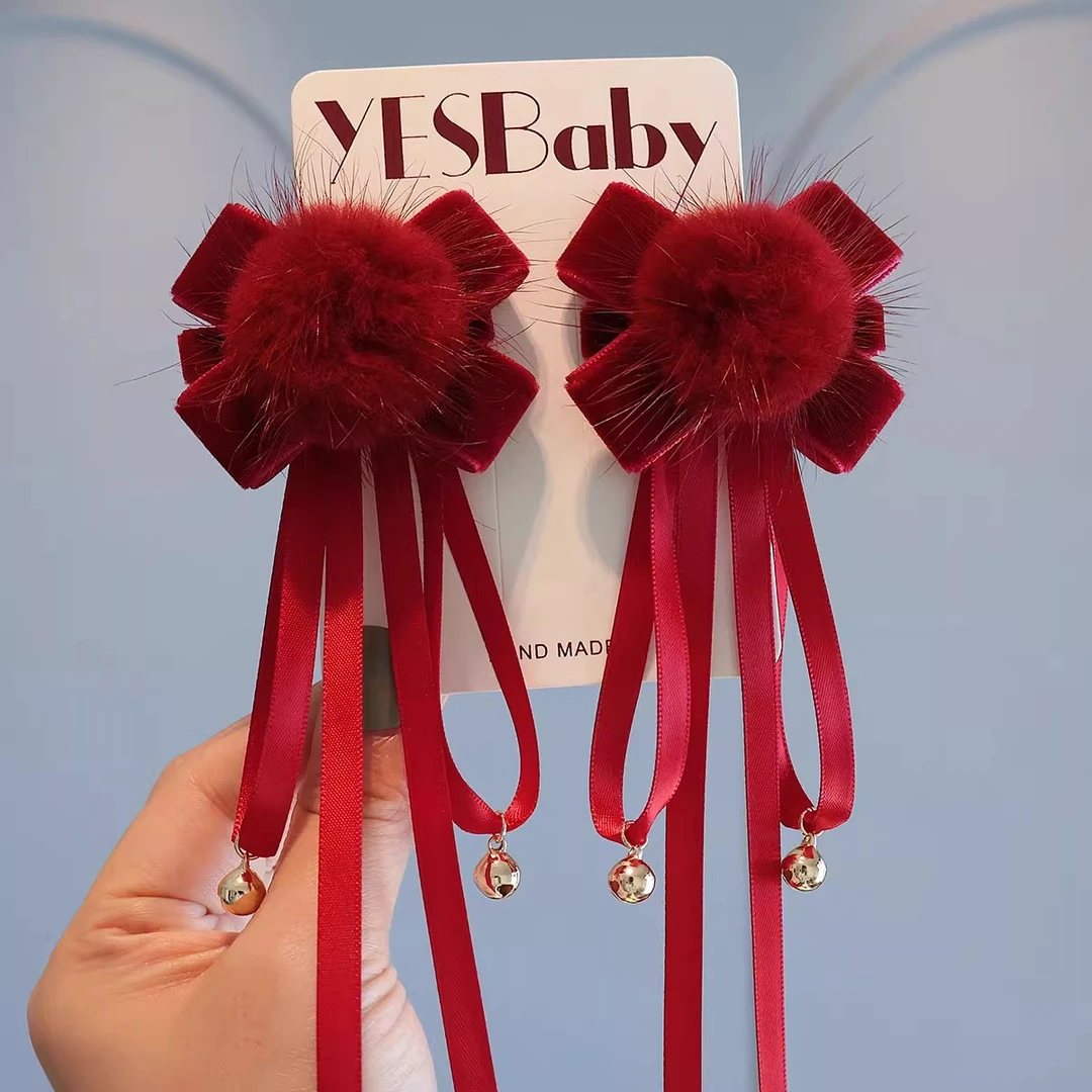 儿童酒红毛球丝绒蝴蝶结国风飘带对夹公主头饰过新年喜庆汉服发夹