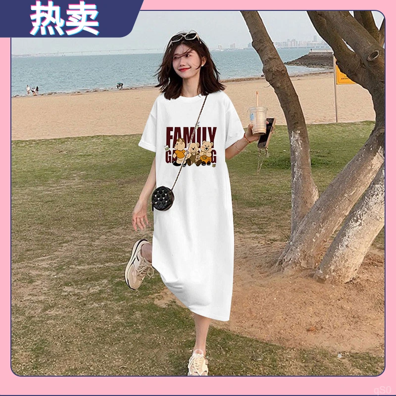 遮肚t恤裙宽松过膝长裙夏季薄款气质纯棉开叉胖mm纯棉遮肚连衣裙