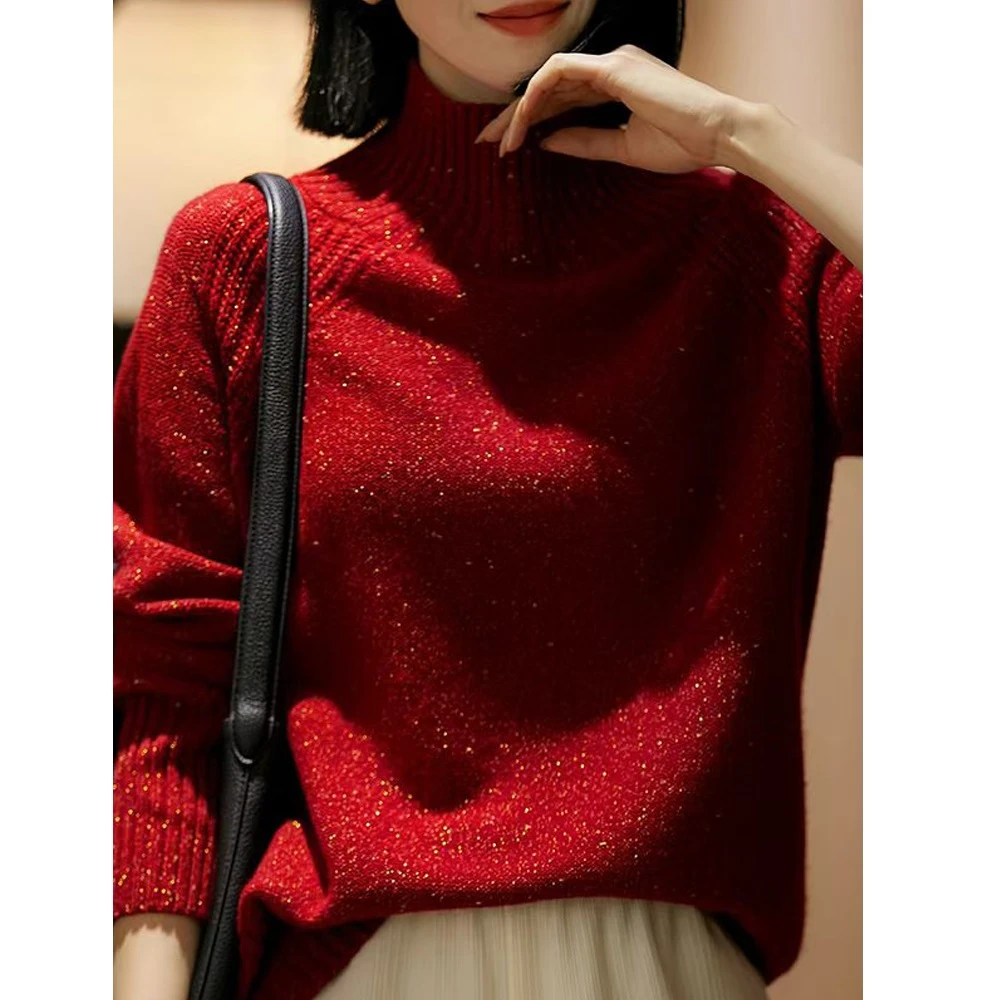 秋冬保暖宽松型厚款女羊毛衫高领金丝百搭红色时尚
