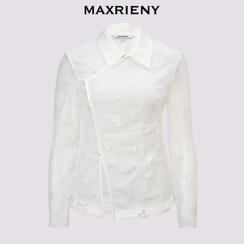 MAXRIENY贵雅新中式上衣女修身显瘦珍珠刺绣镂空设计MF85TP763A10