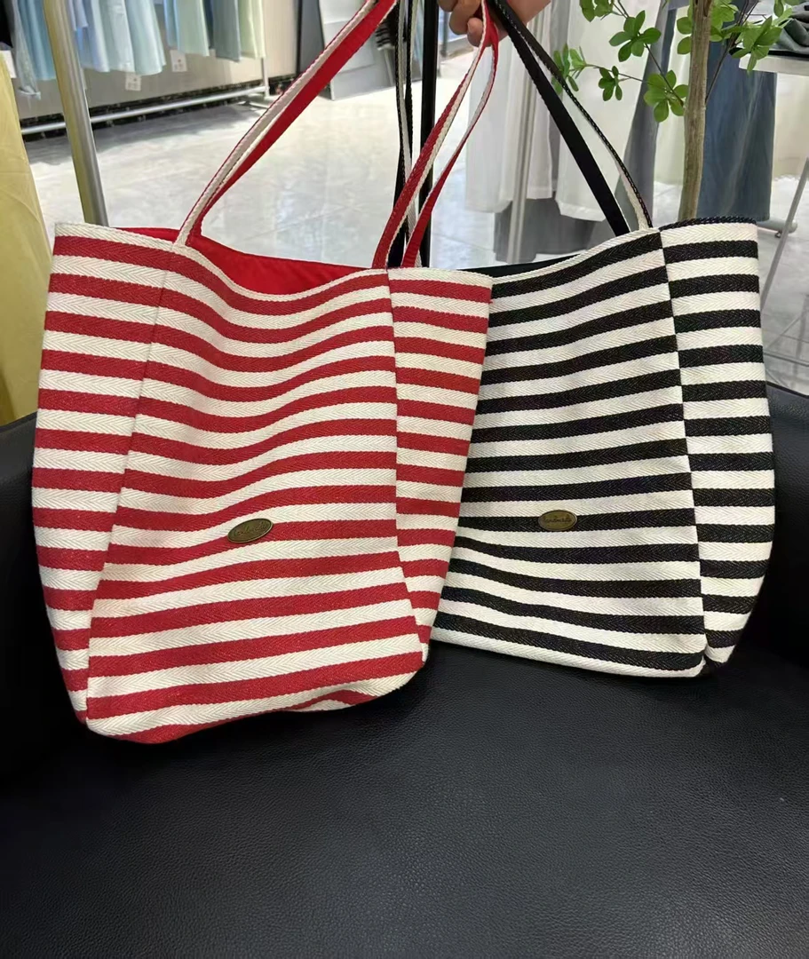 2025春夏条纹帆布大容量双面慵懒风托特通勤单肩腋下女包包