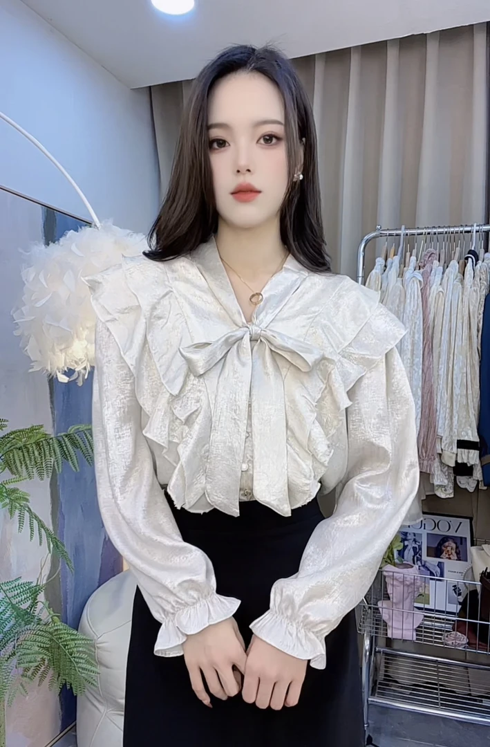 法式复古衬衫女设计感小众上衣荷叶边气质长袖衬衣