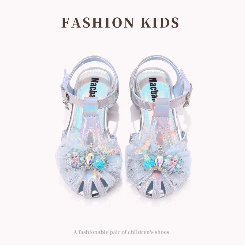 女童高跟凉鞋爱莎公主鞋软底包头水晶鞋2025夏季新款蝴蝶结女孩鞋