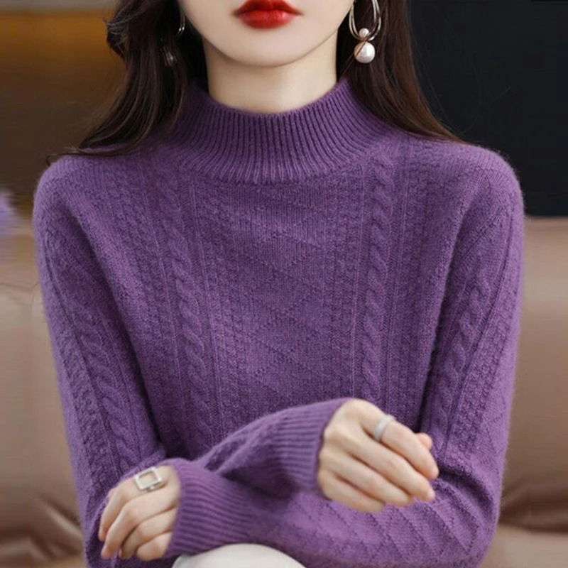 鄂尔多斯市半高领加厚羊绒衫女纯色百搭厚款保暖宽松羊毛100毛衣