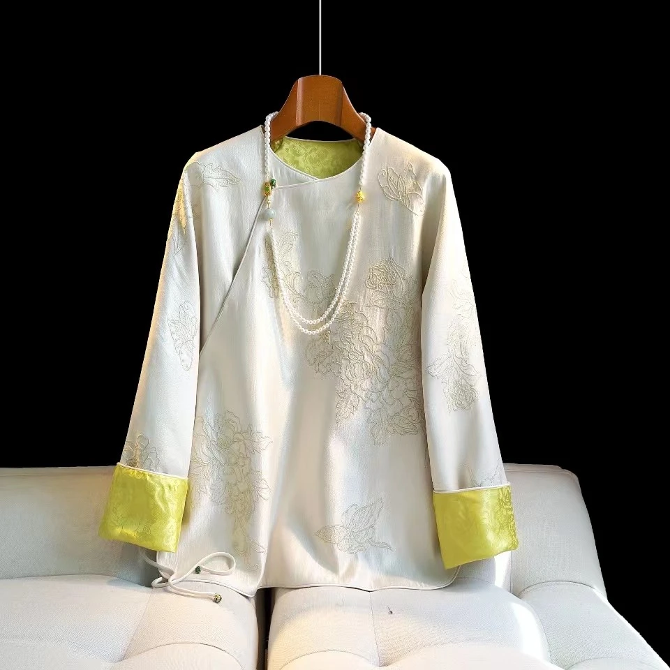 早秋新中式上衣唐装国风复古休闲禅意盘扣重工刺绣衬衫