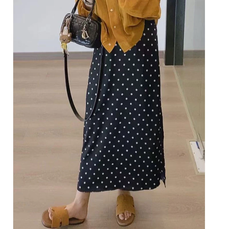 高品质缎面经典黑白波点侧开半身裙 2个长度#6680