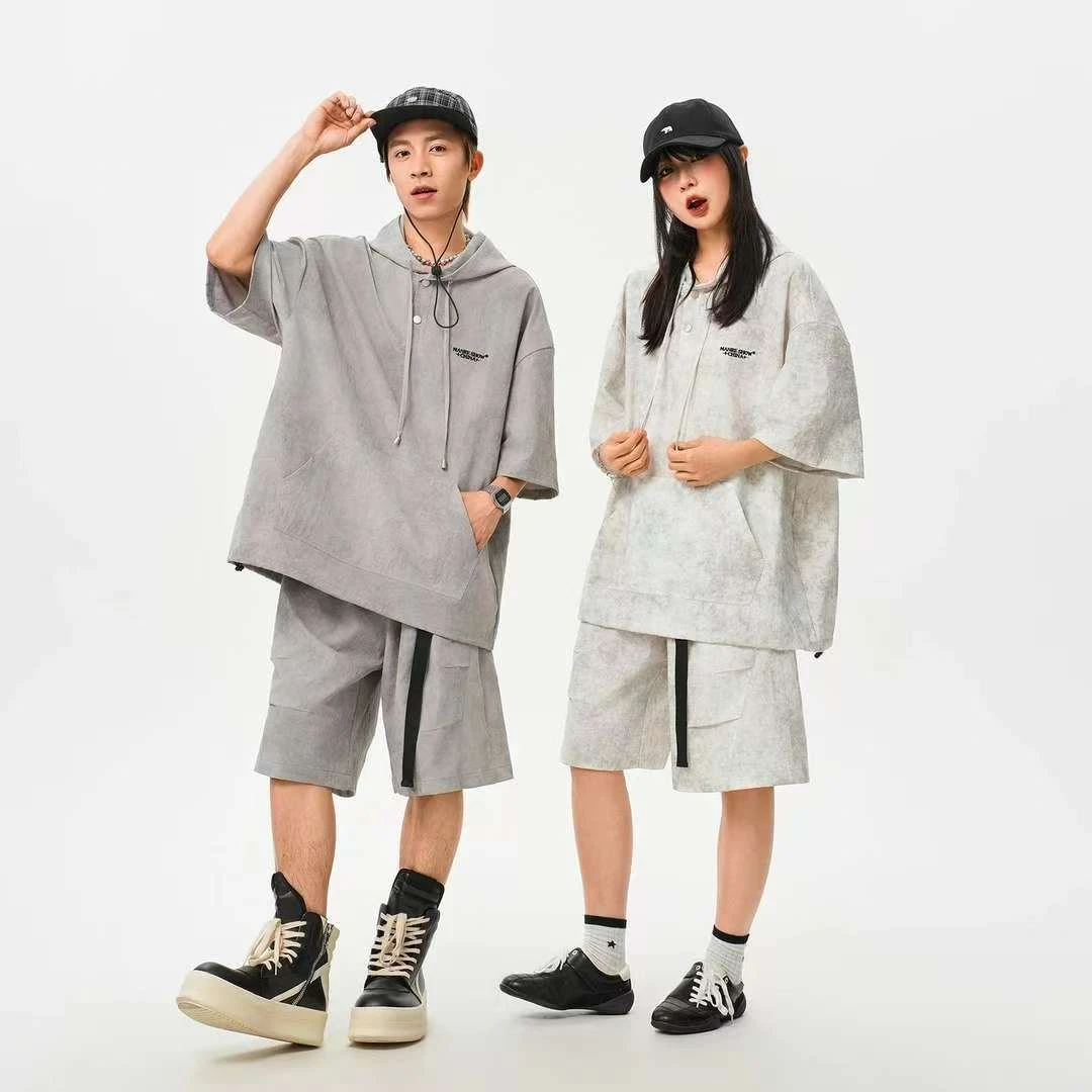 夏季轻薄透气运动套装扎染连帽短袖短裤套装情侣装潮流透气时尚