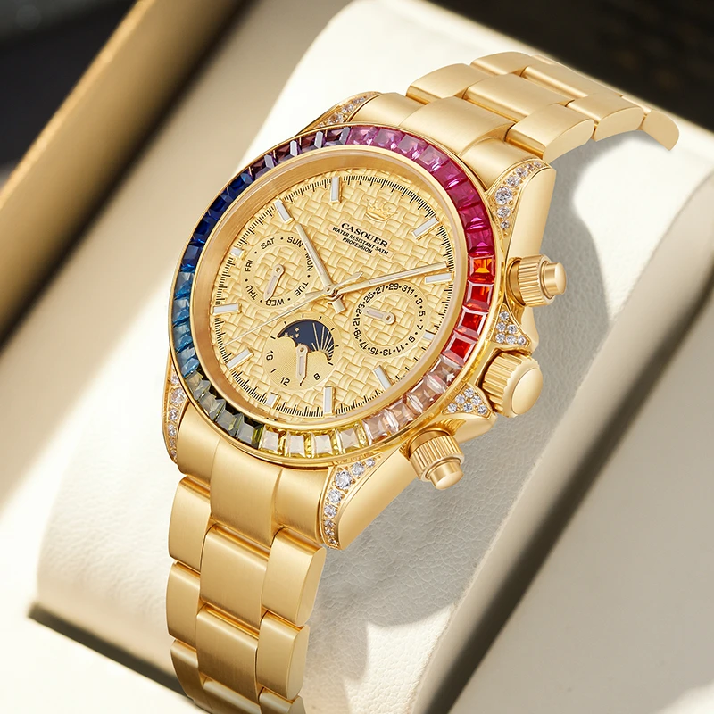 999足金金表男士机械表全自动彩虹迪通拿手表夜光防水多功能男表