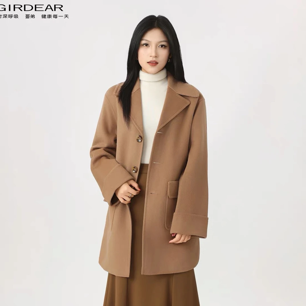 哥弟高端女装保暖绵羊毛呢外套简约中长款大衣女士140046