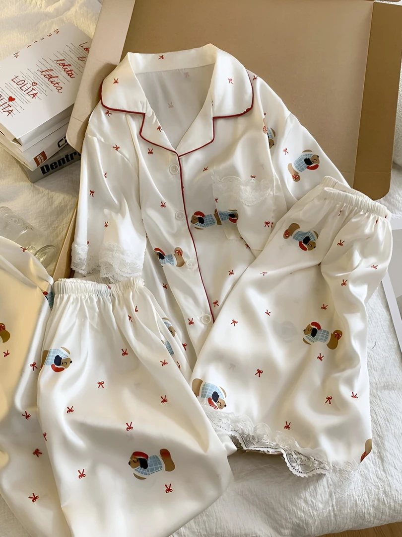 2025新款腊肠狗睡衣女款夏季冰丝短袖三件套蕾丝花边轻奢风家居服