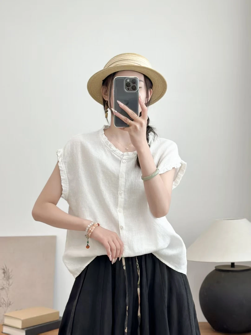 【25531】新款100%亚麻时尚简约纽扣纯色木耳边拼接短袖衬衫女