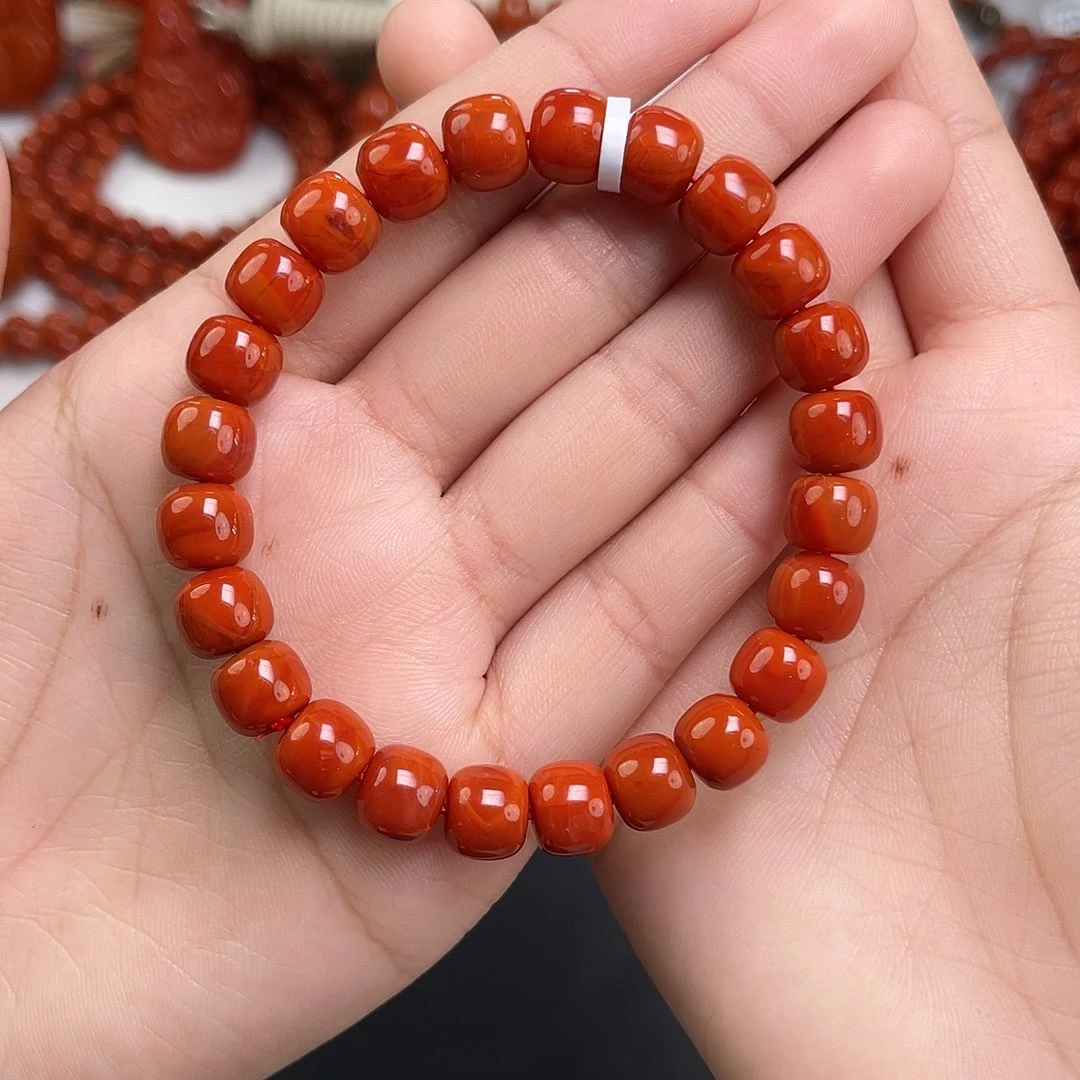i***f南红玛瑙未镶嵌手链瓦西锦红双色火焰老型9mm