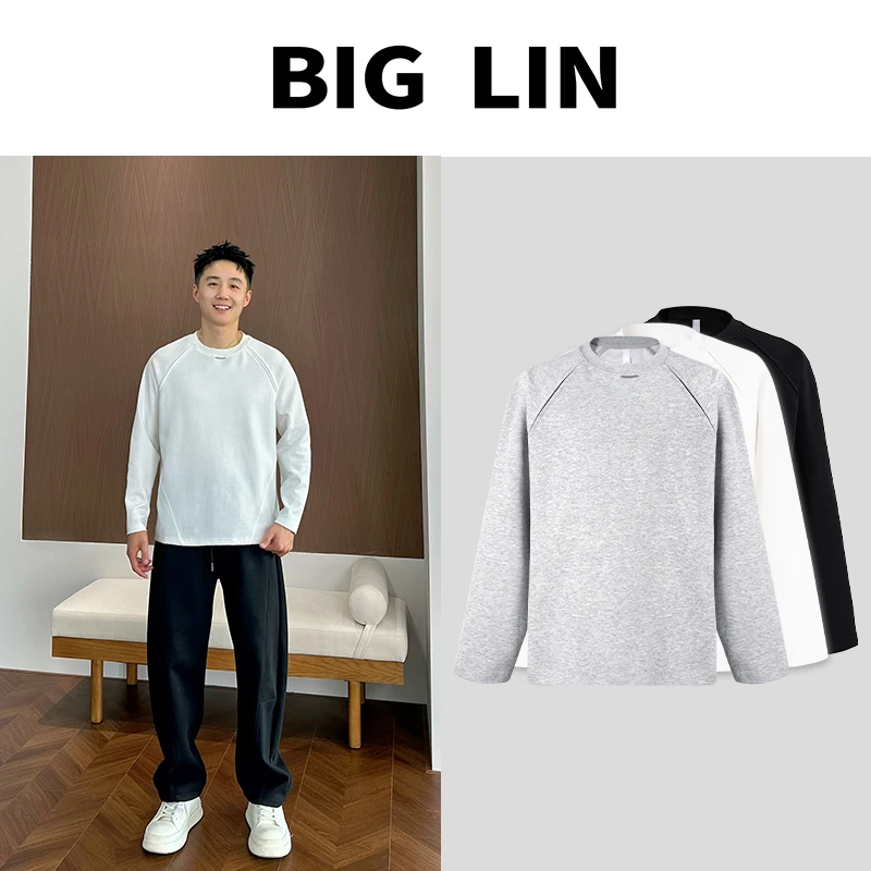 BIG林 秋季立体裁剪曼巴棉小标拼接长袖休闲套头圆领T恤