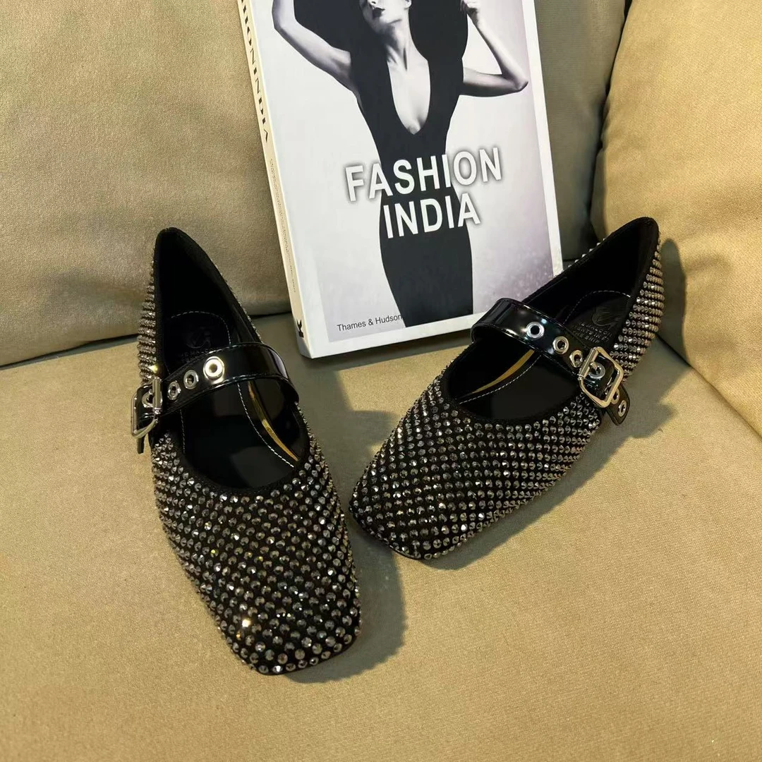 1032【满天星】黑色爆款满钻女士方头休闲纯手工单鞋C【内增高3cm】