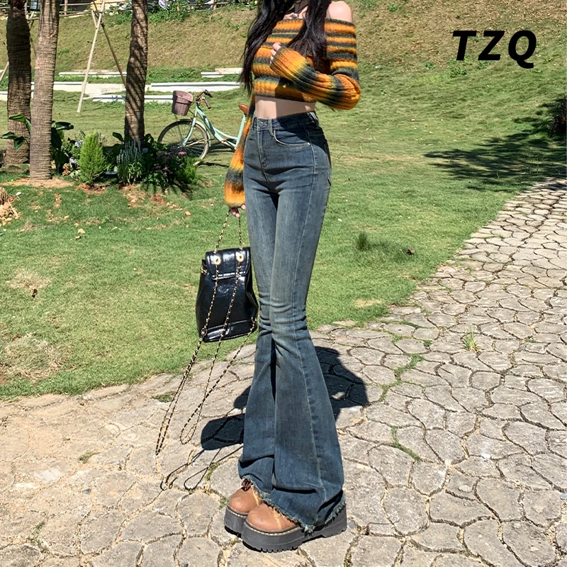 水泥灰微喇叭牛仔裤女夏2025新款高腰紧身毛边马蹄裤TZQ121726