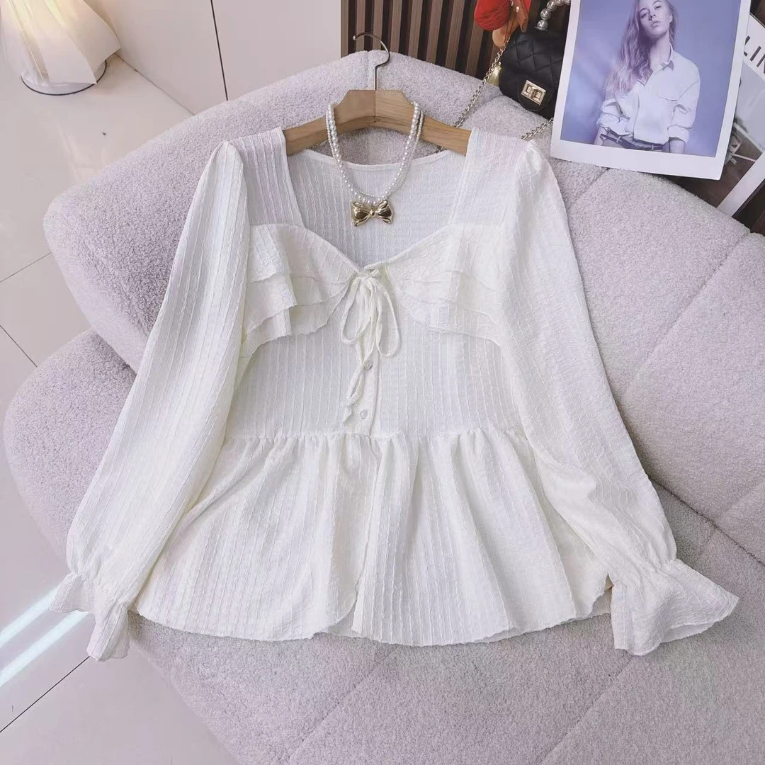 法式方领荷叶边衬衫女春季大码微胖妹妹茶歇气质洋气显瘦上衣