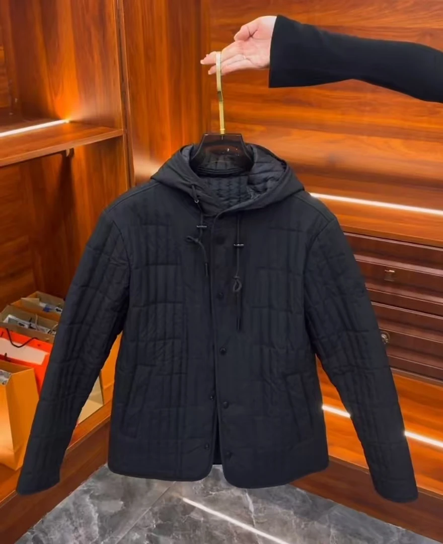 男棉服百搭连帽棉衣经典绗缝格子压花纯色加厚长袖