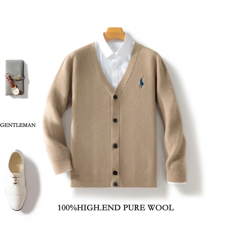 羊毛开衫男V领新款宽松大码毛衣外套中年休闲男士单排扣毛衣长袖