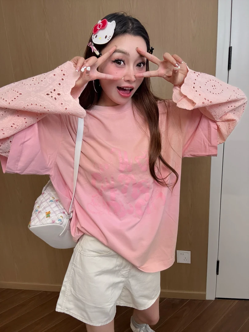 「甜莓泡泡」四四大王夏季新款小众女装镂空刺绣假两件防晒t恤女